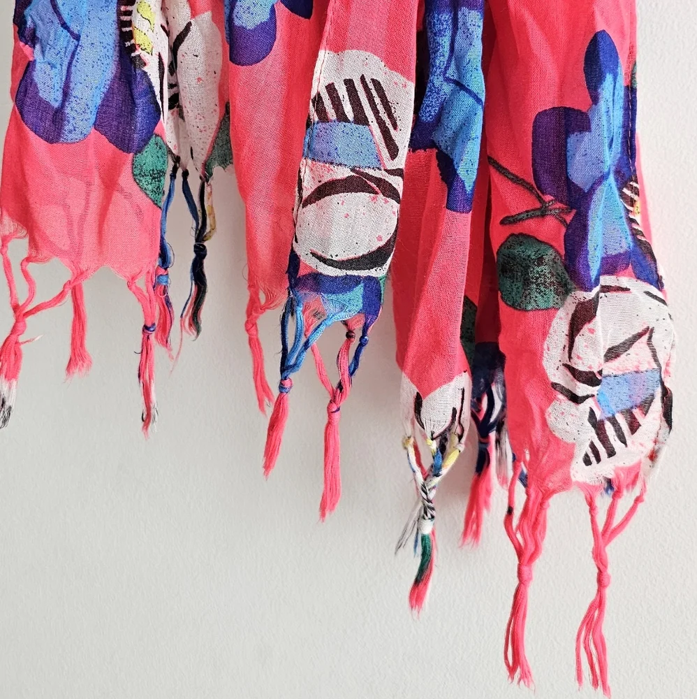Aerie Floral Vibrant Multicolored Fringed Lightweight Scarf All Over Print
